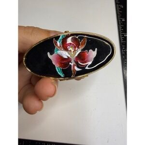 Pink Lady Lipstick Case Gold Tone Enamel Orchid Flower Mirror Vanity Accessory